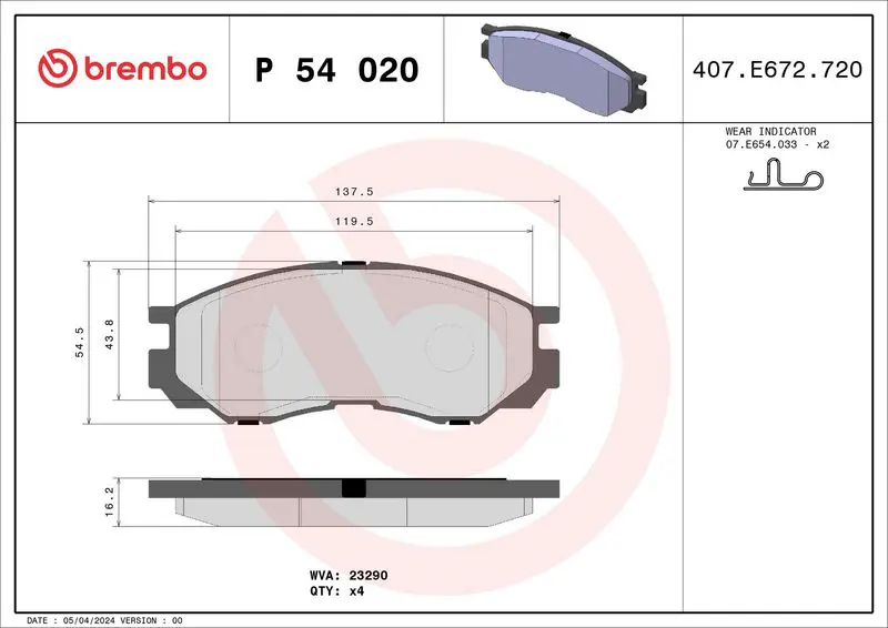 BREMBO P54020 Колодки тормозные передние, с
