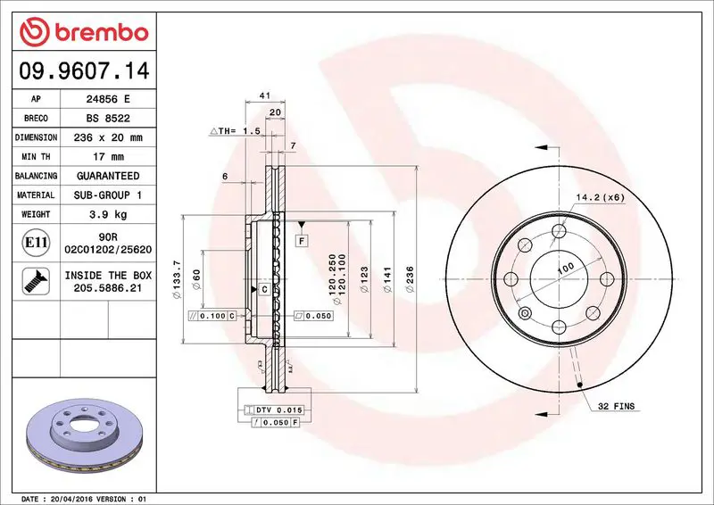 Brembo 09960714 Диск тормозной передний 236mm