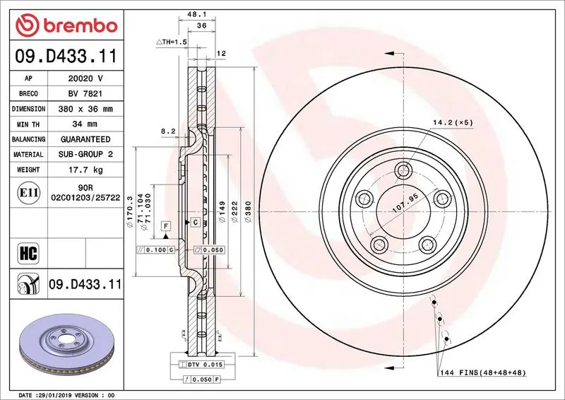 Brembo 09D43311 Диск тормозной