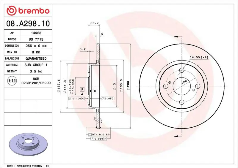 Brembo 08A29810 Диск тормозной задн TOYOTA: