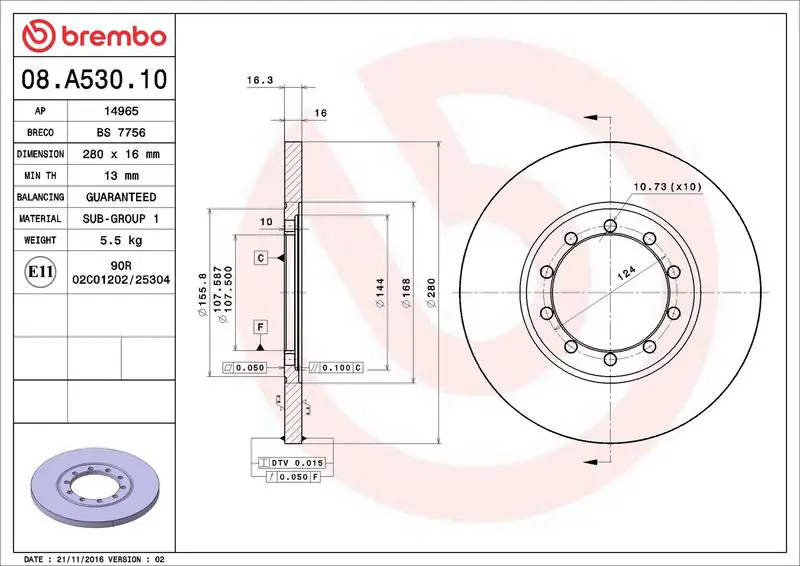 Brembo 08A53010 08.A530.10 диск тормозной