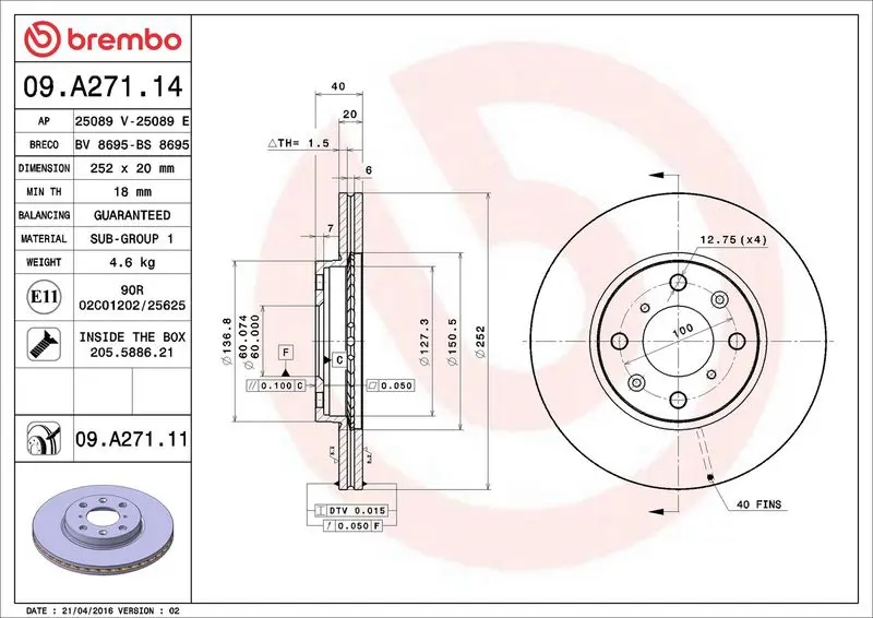 Brembo 09A27111 09.A271.11 диск тормозной
