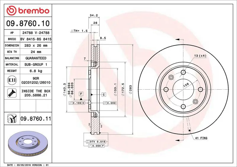Brembo 09876011 Диск тормозной передн,