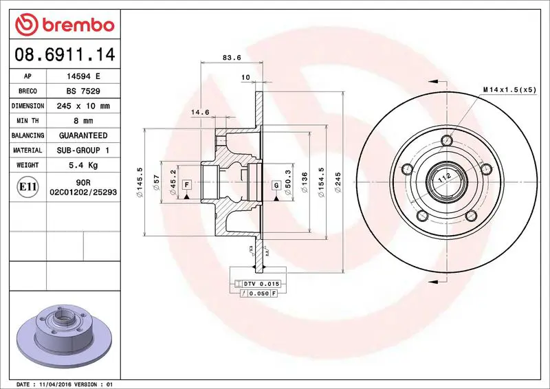 Brembo 08691114 ДИСК ТОРМОЗНОЙ AUDI A4 B5