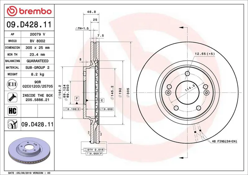 BREMBO 09D42811 Диск тормозной