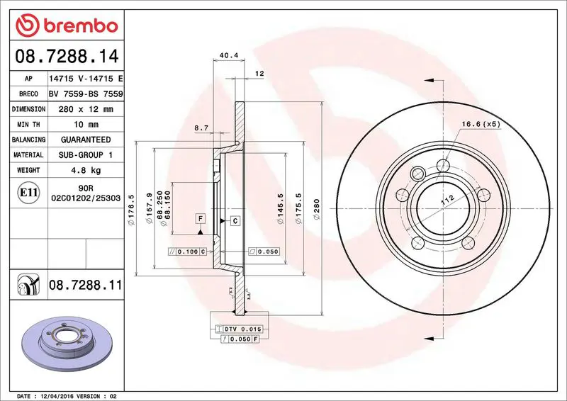 Brembo 08728811 Диск тормозной задн, VW: