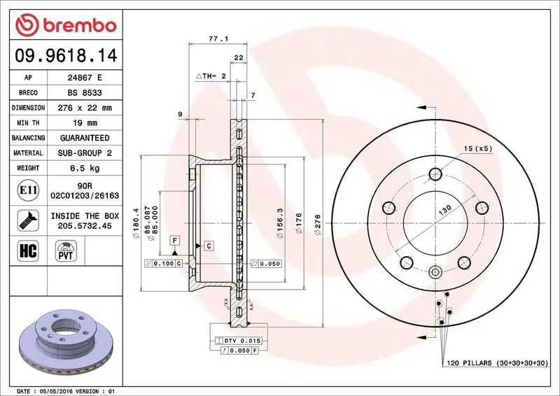 Brembo 09961814 Диск тормозной передн