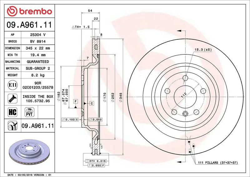 Brembo 09A96111 Диск тормозной 09.A961.11