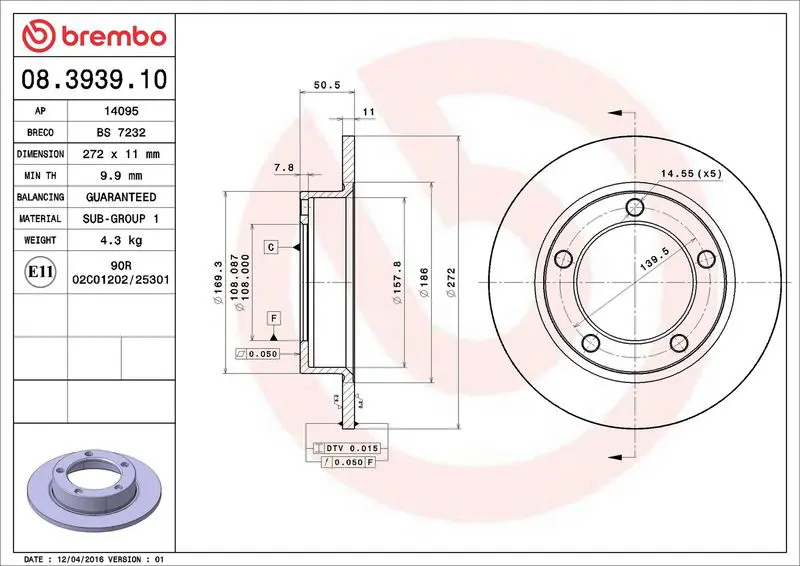 Brembo 08393910 Диск тормозной 08.3939.10