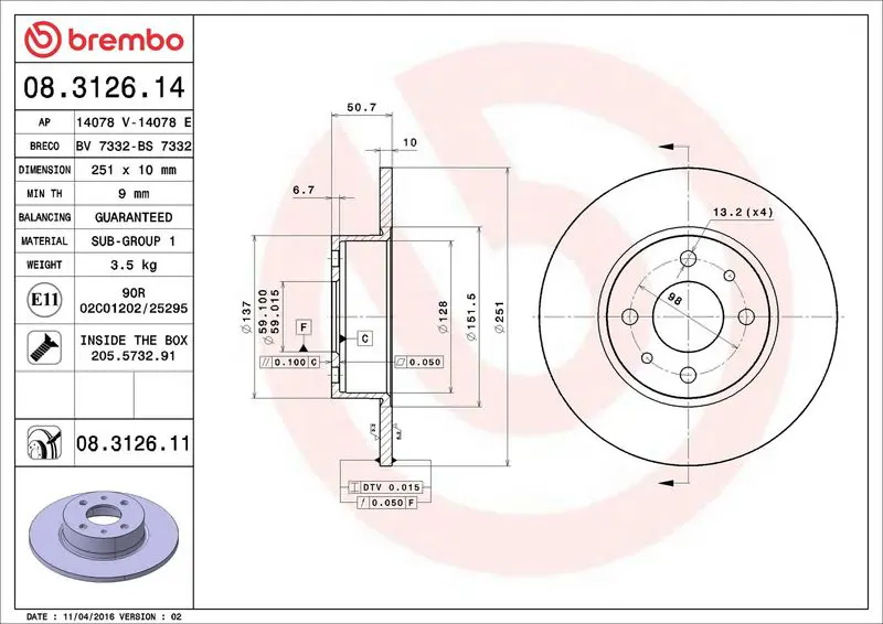 Brembo 08312611 Диск тормозной задн, ALFA