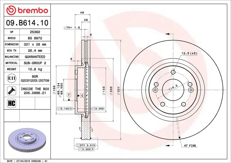 Brembo 09B61410 Диск тормозной 09.B614.10