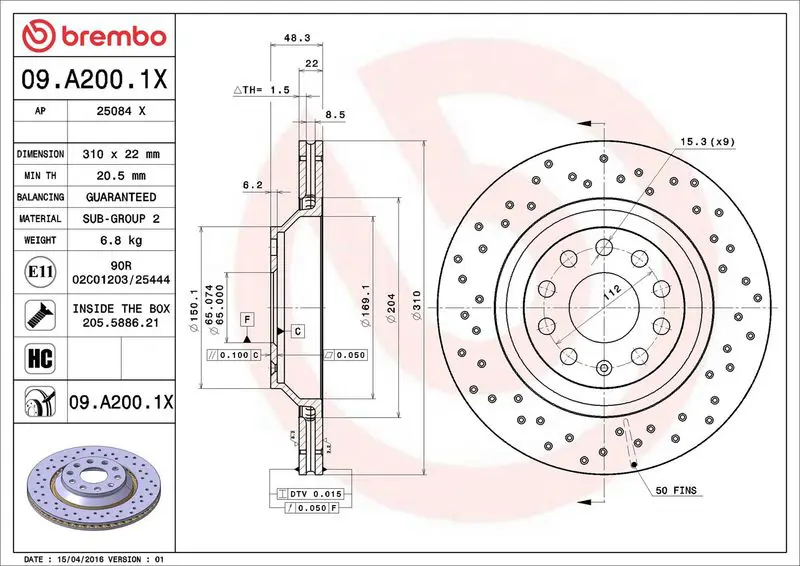 Brembo 09A2001X Диск тормозной Xtra | зад |