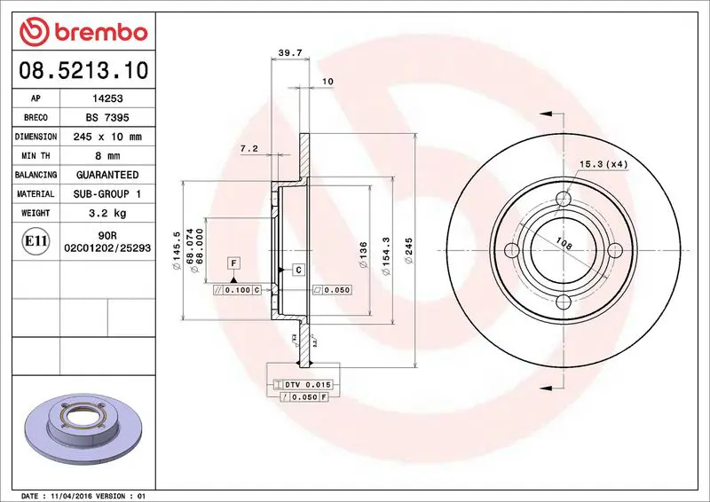 Brembo 08521310 Диск тормозной задн. AUDI 80