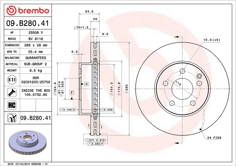 Brembo 09B28041 Диск тормозной 09.B280.41