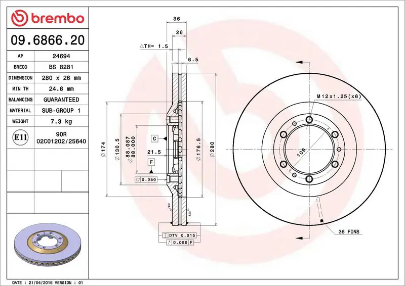 Brembo 09686620 09.6866.20 диск тормозной