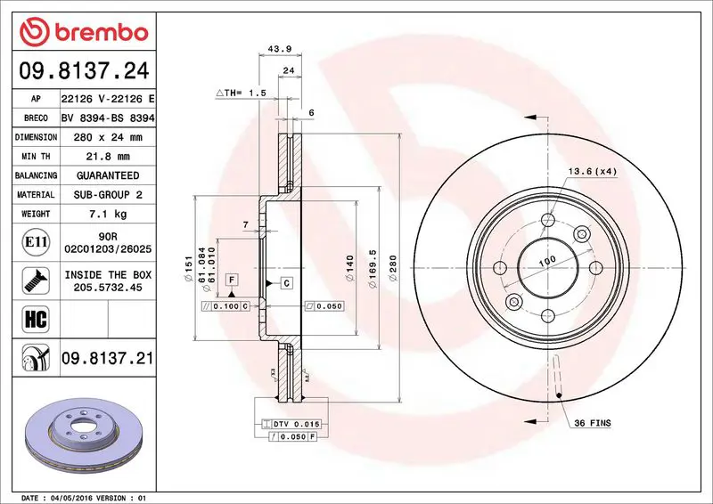 Brembo 09813721 Диск тормозной RENAULT: CLIO