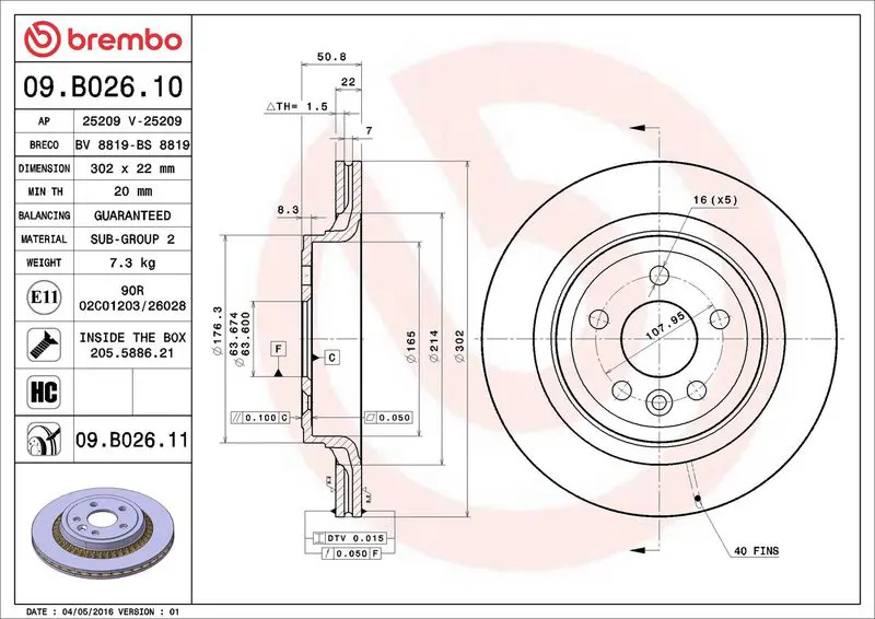 Brembo 09B02611 Диск тормозной Brembo Painted