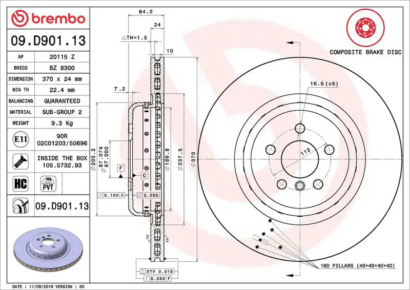 BREMBO 09D90113 Диск тормозной
