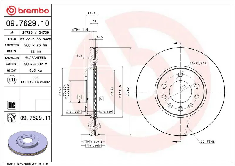Brembo 09762911 Диск тормозной передний