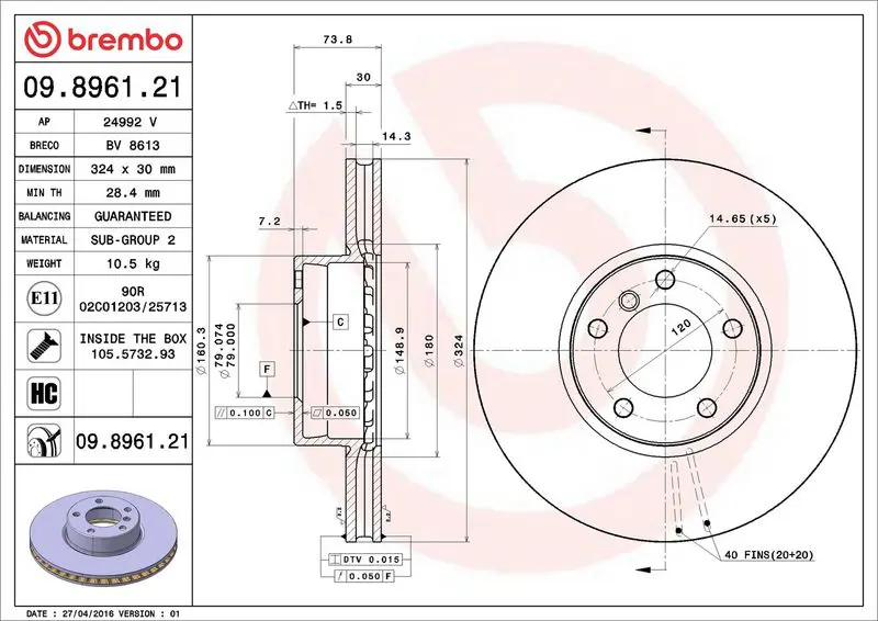 Brembo 09896121 Диск тормозной передн BMW: 5