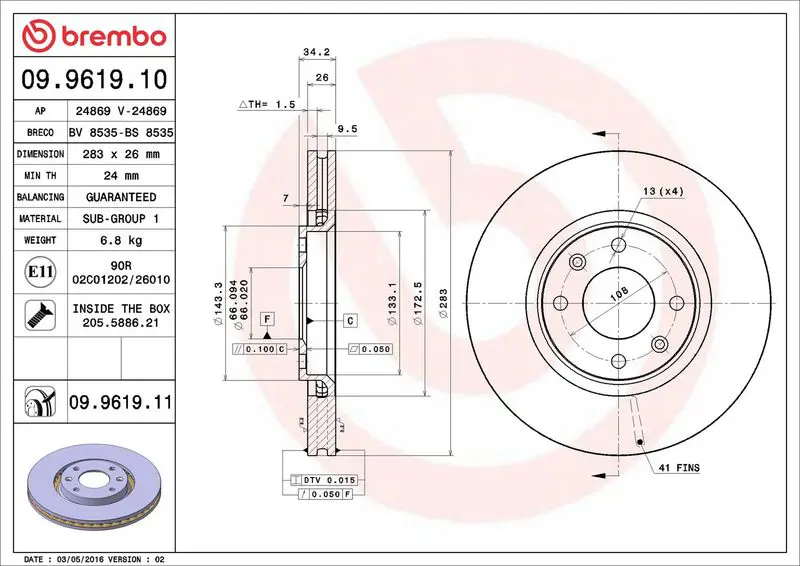 Brembo 09961911 Диск торм.CITROEN BERLINGO