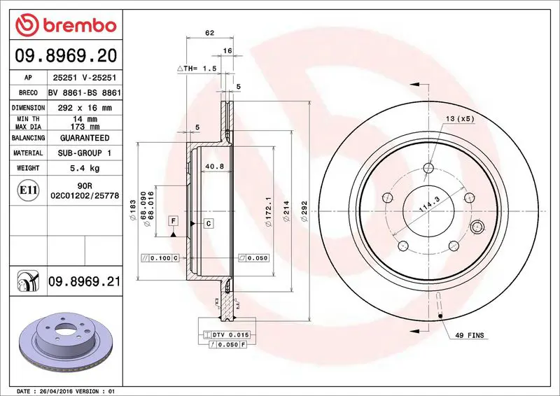 Brembo 09896921 Диск тормозной задний