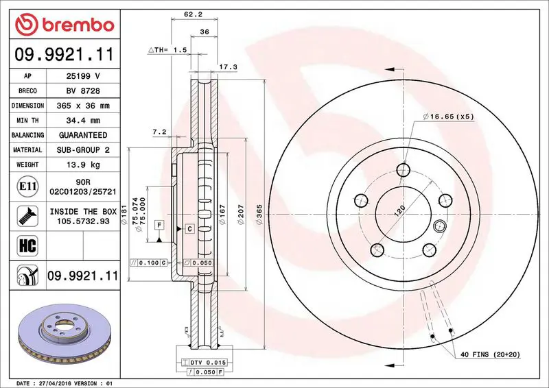 Brembo 09992111 Диск тормозной BMW: X5 07-, X6