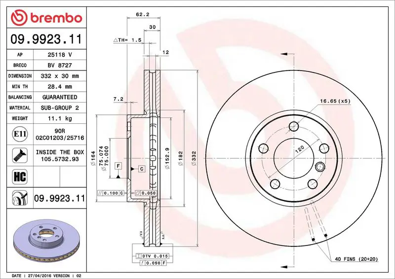 Brembo 09992311 Диск тормозной BMW: X5 07-