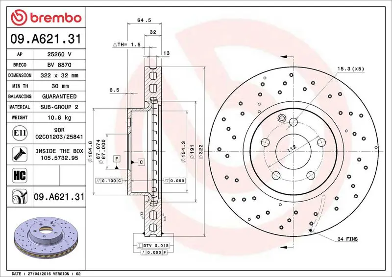 Brembo 09A62131 Диск тормозной перфорированный