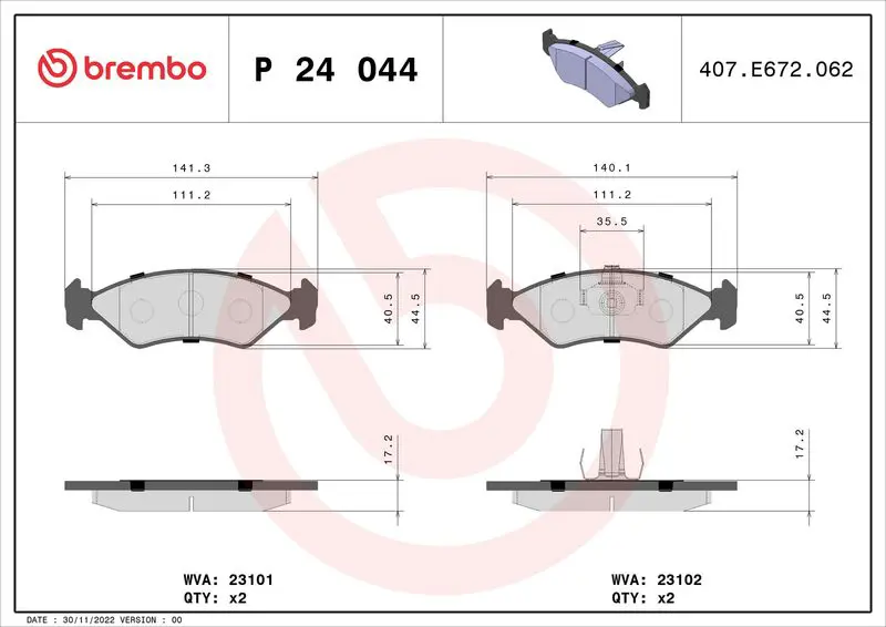 BREMBO P24044 Комплект тормозных колодок