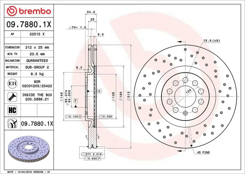 Brembo 0978801X Xtra,вентилируемый тормозной