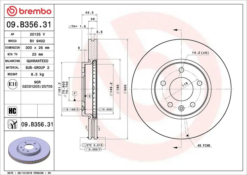 BREMBO 09B35631 Диск тормозной передний OPEL
