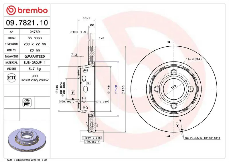 Brembo 09782110 ДИСК ТОРМОЗНОЙ, AUDI 80 (8C2,