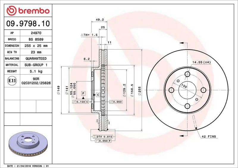 BREMBO 09979810 ДИСК ТОРМОЗНОЙ TOYOTA COROLLA