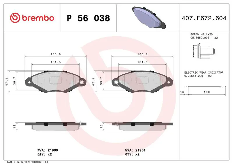 Brembo P56038 Комплект тормозных колодок