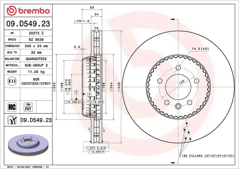 BREMBO 09D54923 Тормозной диск