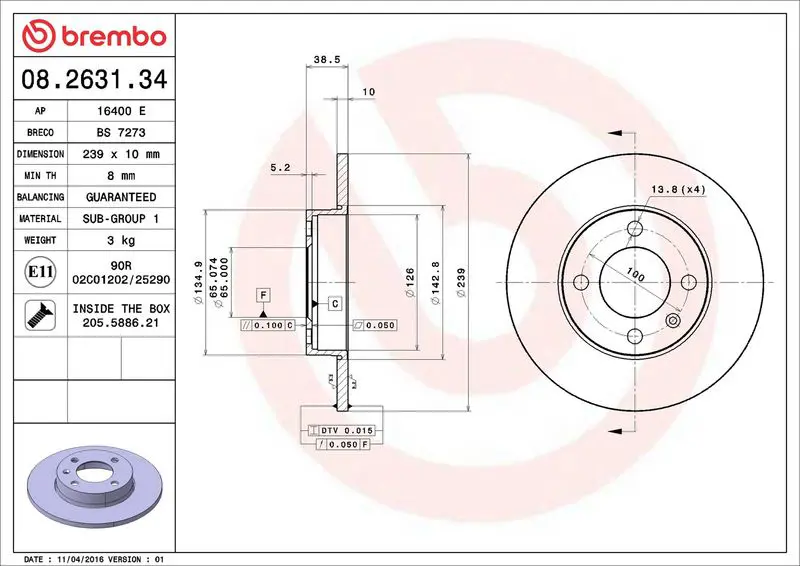 Brembo 08263134 Диск тормозной AUDI: 80 72-78,