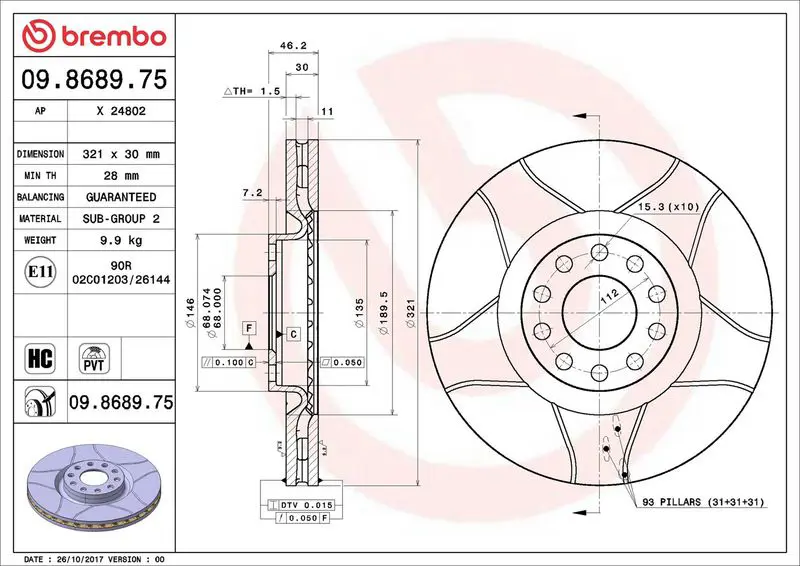 BREMBO 09868975 Тормозной диск