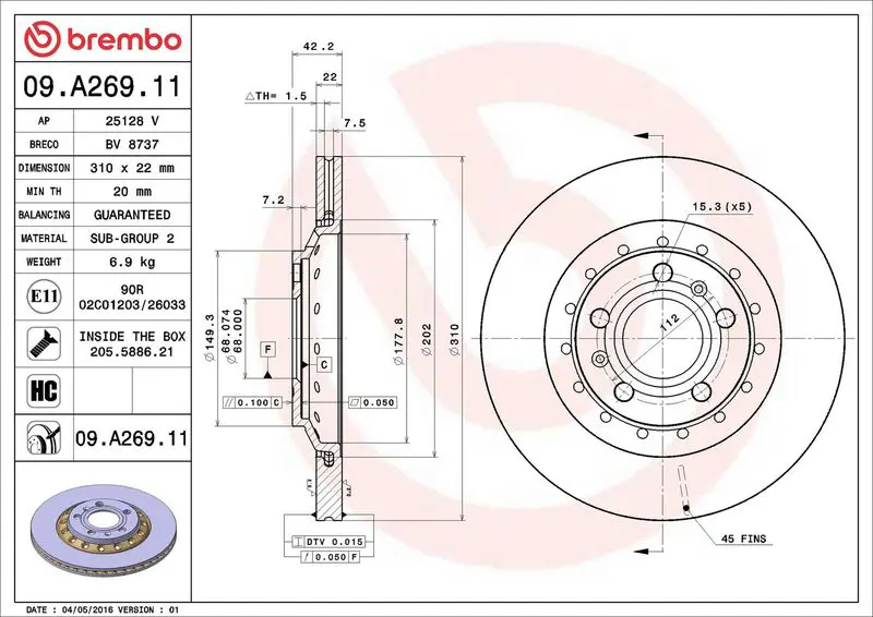 Brembo 09A26911 09.A269.11 диск тормозной