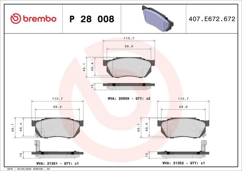 Brembo P28008 Комплект тормозных колодок