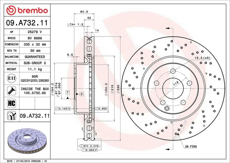 09.A732.11 Brembo Диск тормозной передн,