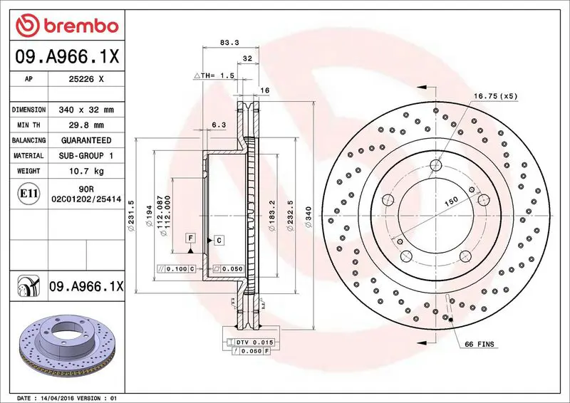 Brembo 09A9661X Диск перфорированный передний