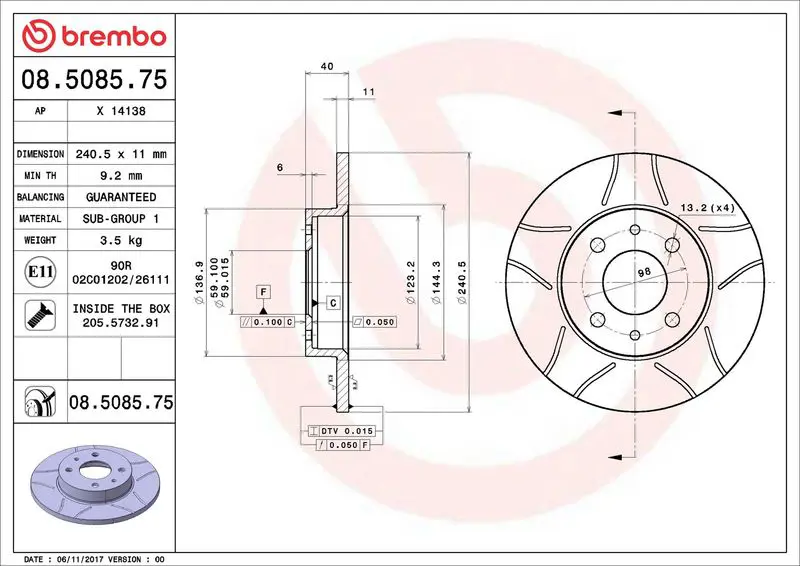 BREMBO 08508575 Тормозной диск