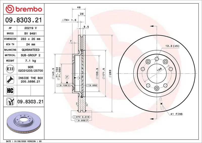 BREMBO 09830321 Тормозной диск