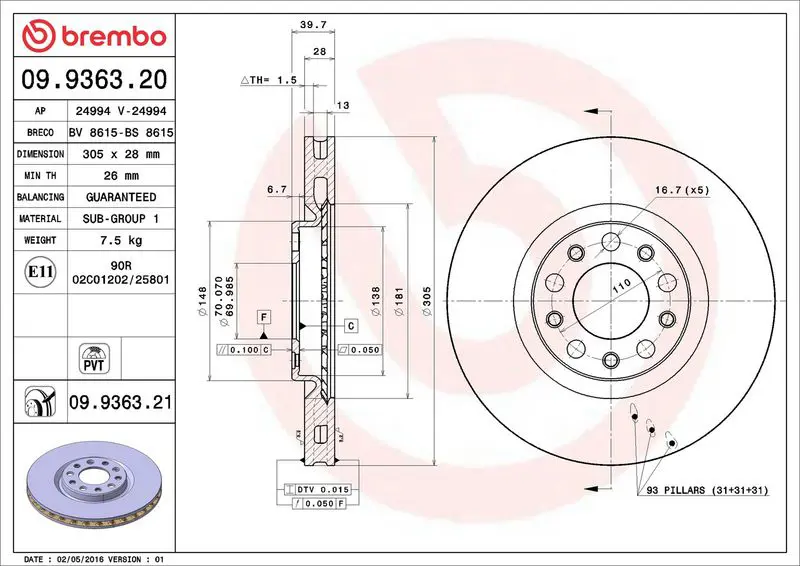 Brembo 09936321 Диск тормозной передн ALFA