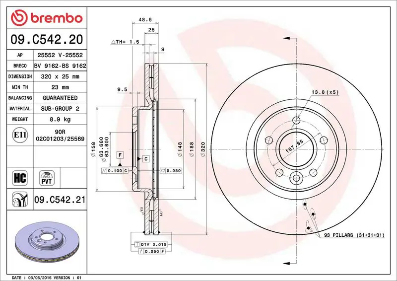 Brembo 09C54221 Тормозной диск передний D320mm