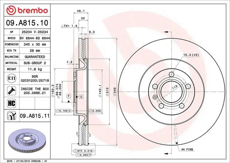 Brembo 09A81511 Диск тормозной передний
