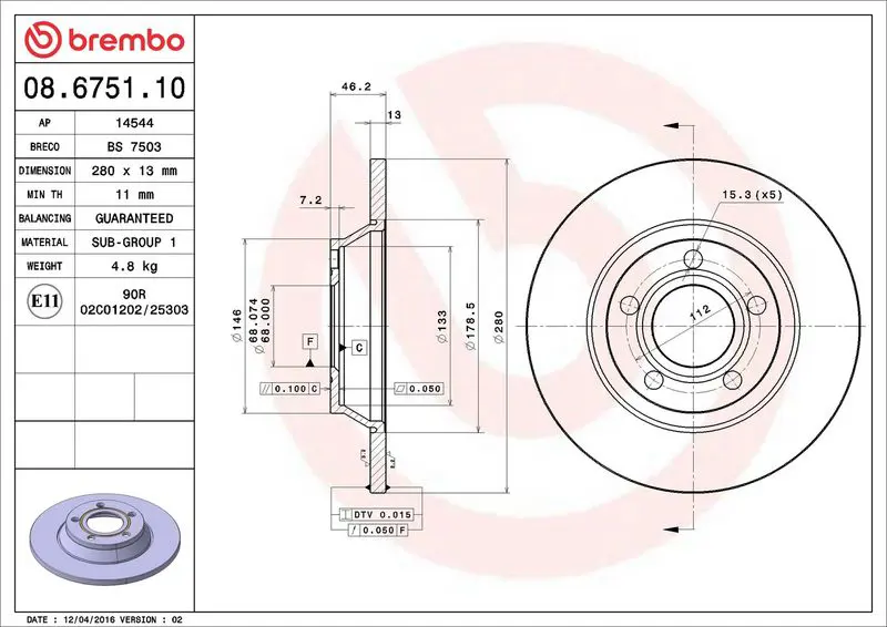 Brembo 08675110 ДИСК ТОРМОЗНОЙ AUDI A4 B5