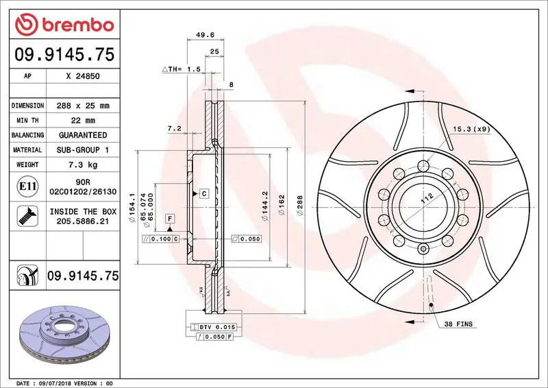 Brembo 09914575 Диск тормозной передний 288mm