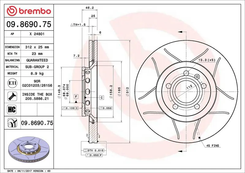 Brembo 09869075 Тормозной диск